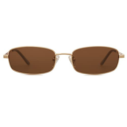 SOJOS Small Y2k Narrow Rectangle Sunglasses Womens Mens Retro 80s 90s Skinny Sunnies SJ1187, Gold/Dark Brown | Amazon (US)