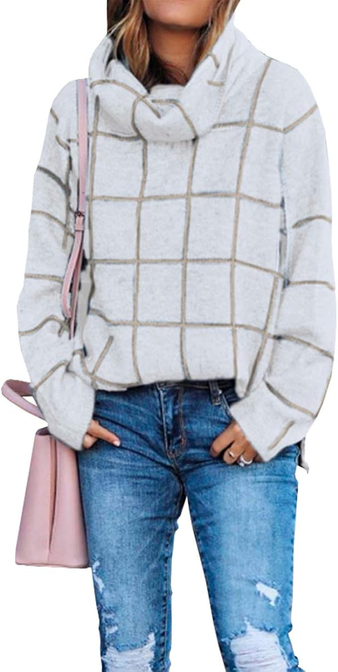 KIRUNDO 2020 Winter Women’s Turtleneck Knit Sweater Long Sleeves Pullover Plaid Side Split Chec... | Amazon (US)