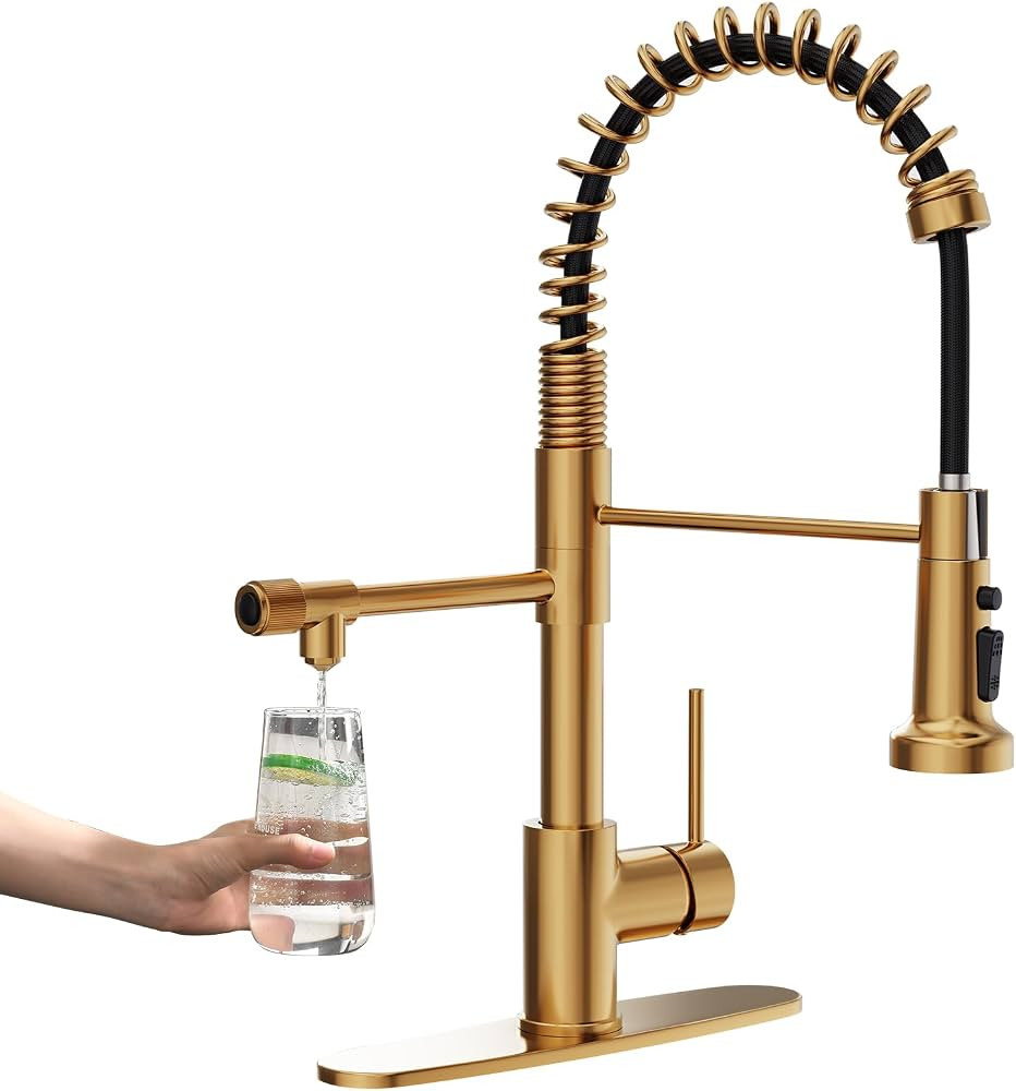 GIMILI Grifo de agua potable de oro cepillado 3 en 1 estilo comercial desplegable con filtro de u... | Amazon (US)