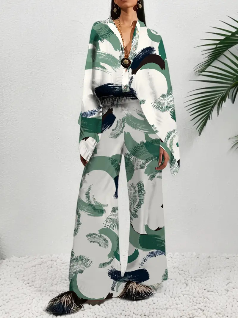 Vacation Ethnic Print Two piece Set Long Sleeve Button Front - Temu United Kingdom | Temu Affiliate Program