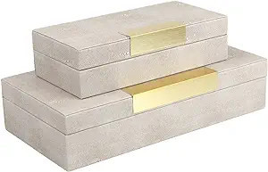BRANDLOUIE Decorative Boxes 2 Pc. Set, Shagreen Faux Leather Ivory Gold Accents, for Jewelry, Cos... | Amazon (US)