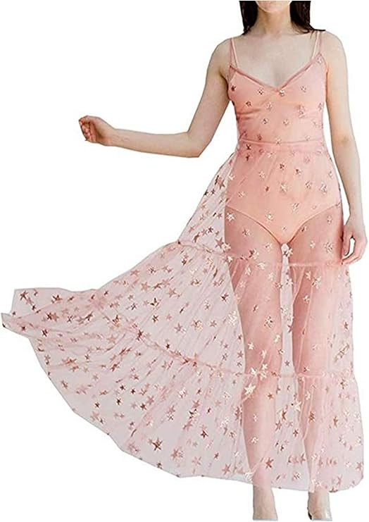 Women See Through Cover Up Straps Sleeveless Strappy Star Lace Mesh Beach Dresses Swimwear Bikini... | Amazon (US)