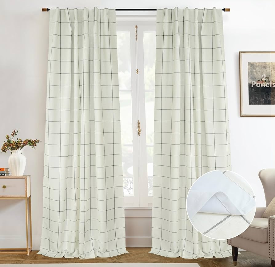 DriftAway 2 Panels 100% Blackout Windowpane Plaid Linen Curtains Double Layer Drapes for Bedroom ... | Amazon (US)