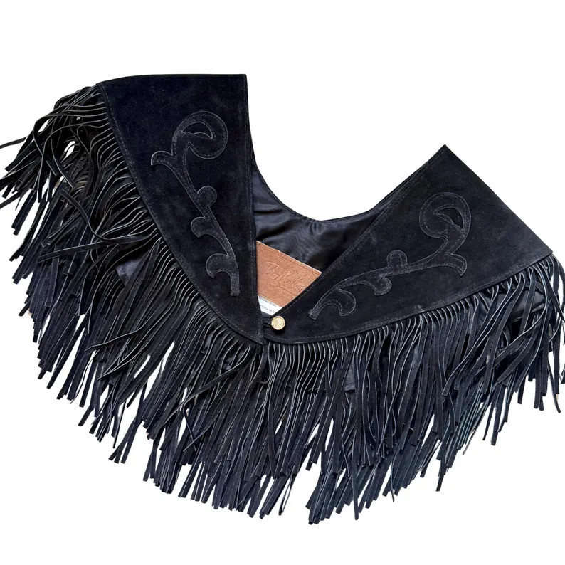 Vintage 80s Ben Kalton Black Suede Fringe Capelet, Western Cowgirl Collar Shawl, Appliqu\u00e9 Sc... | Etsy (Global)