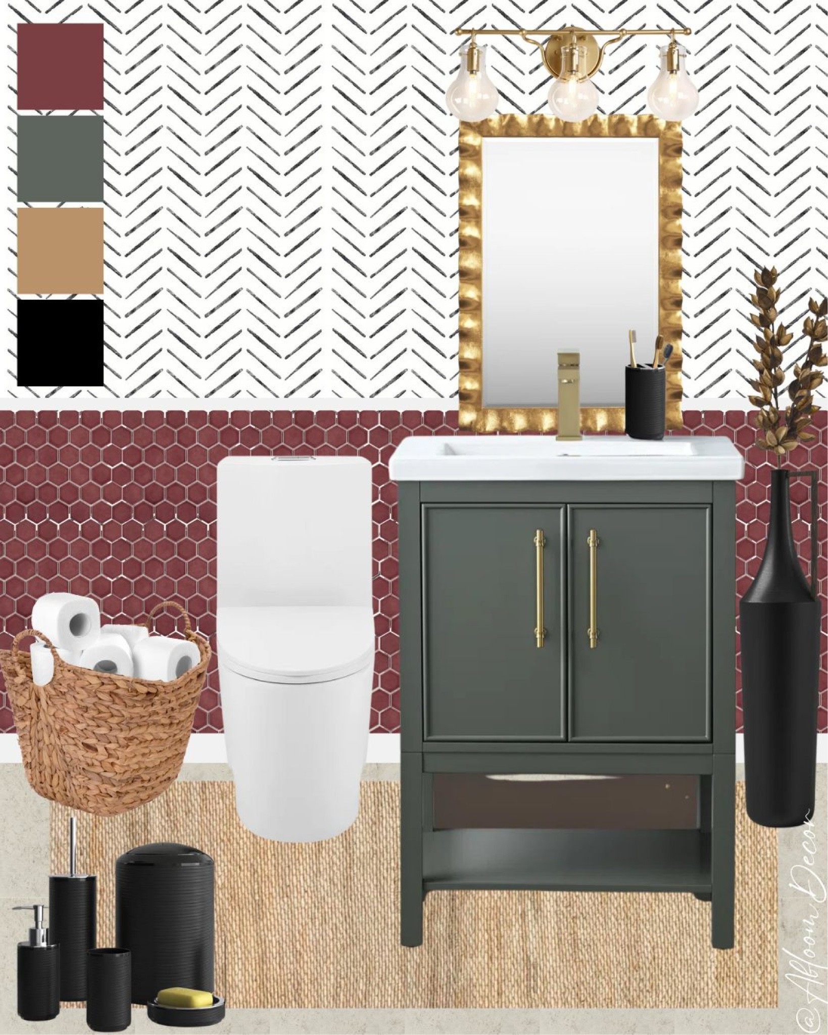 This bathroom blends bold burgundy tiles with a rich green vanity, creating a striking yet inviting contrast. Accented with gold hardware and a textured mirror, the space is elevated with black modern accessories and natural woven details for added warmth.

#LTKHome
