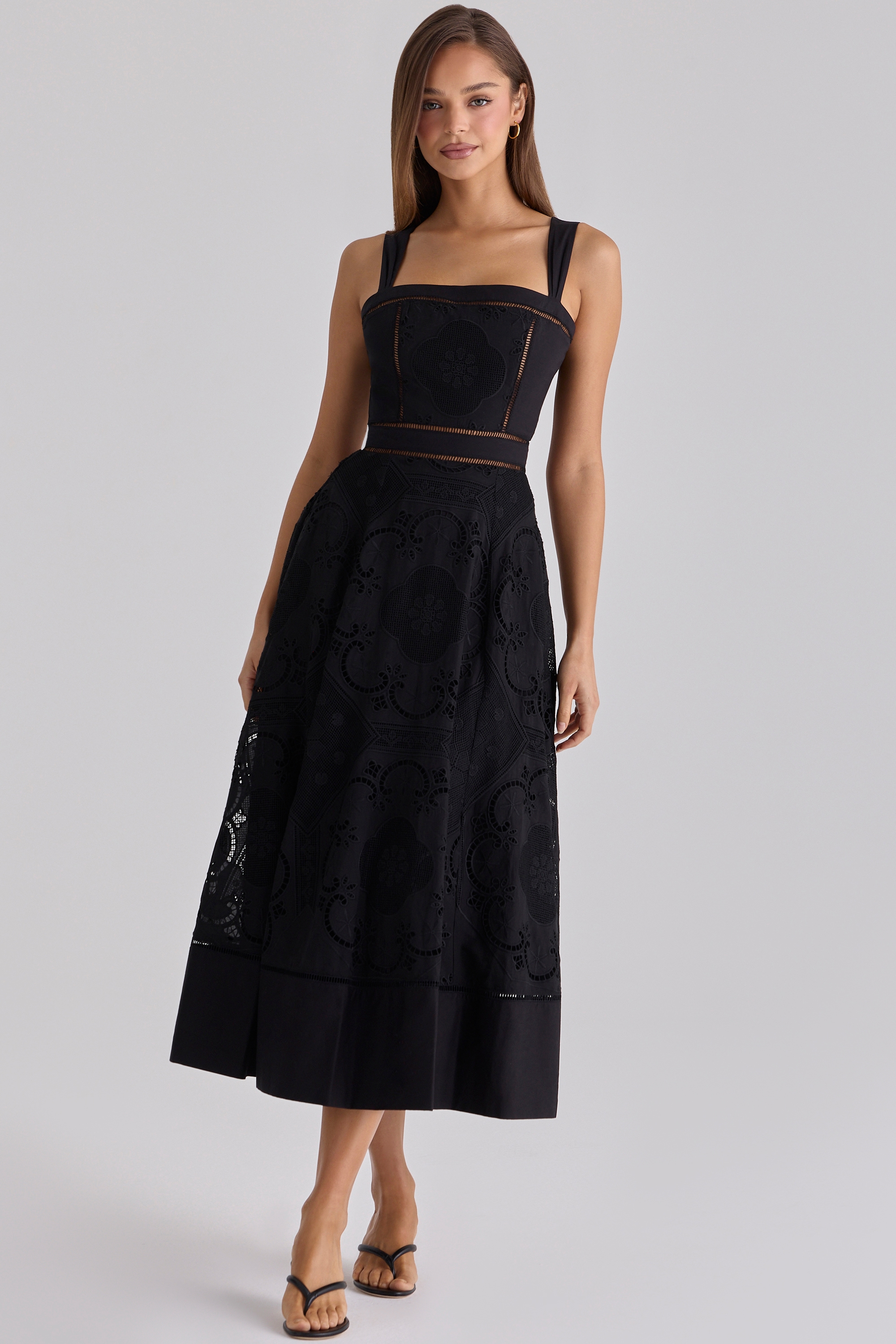 black cotton placement broderie anglaise midi dress | House of CB