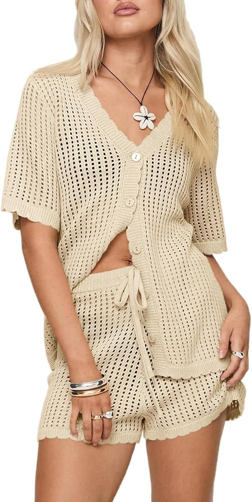 Saodimallsu Womens Crochet Swimsuit Coverup Sets Short Sleeve V Neck Button Tops Drawstring Short... | Amazon (US)