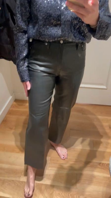 Holiday Outfit from J.Crew: love these black faux leather pants so much. Soft and butter and pair with any top and your elevated immediately. Sparkly top is also perfect. Both are true to size.

#LTKparties #LTKHoliday #LTKover40