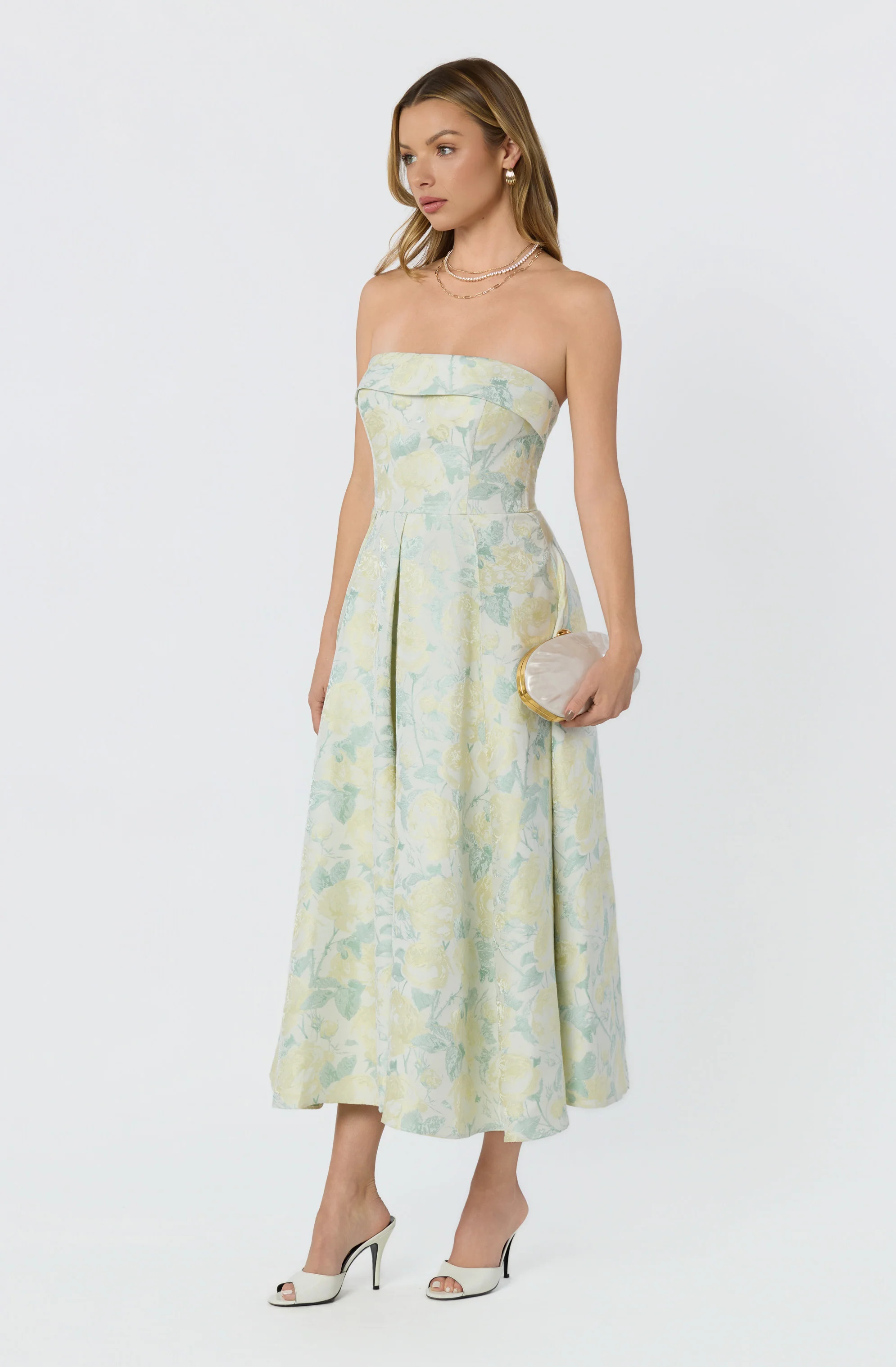 Destini Floral Jacquard Strapless Midi Dress - Light yellow floral / XS | ASTR The Label (US)