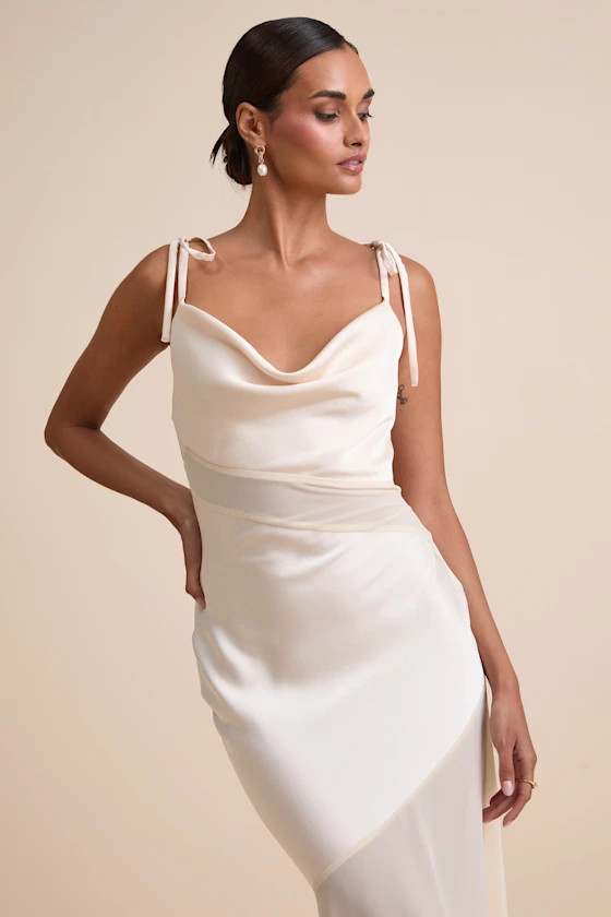 Enara Cream Satin Mesh Tie-Strap Asymmetrical Midi Dress | Lulus