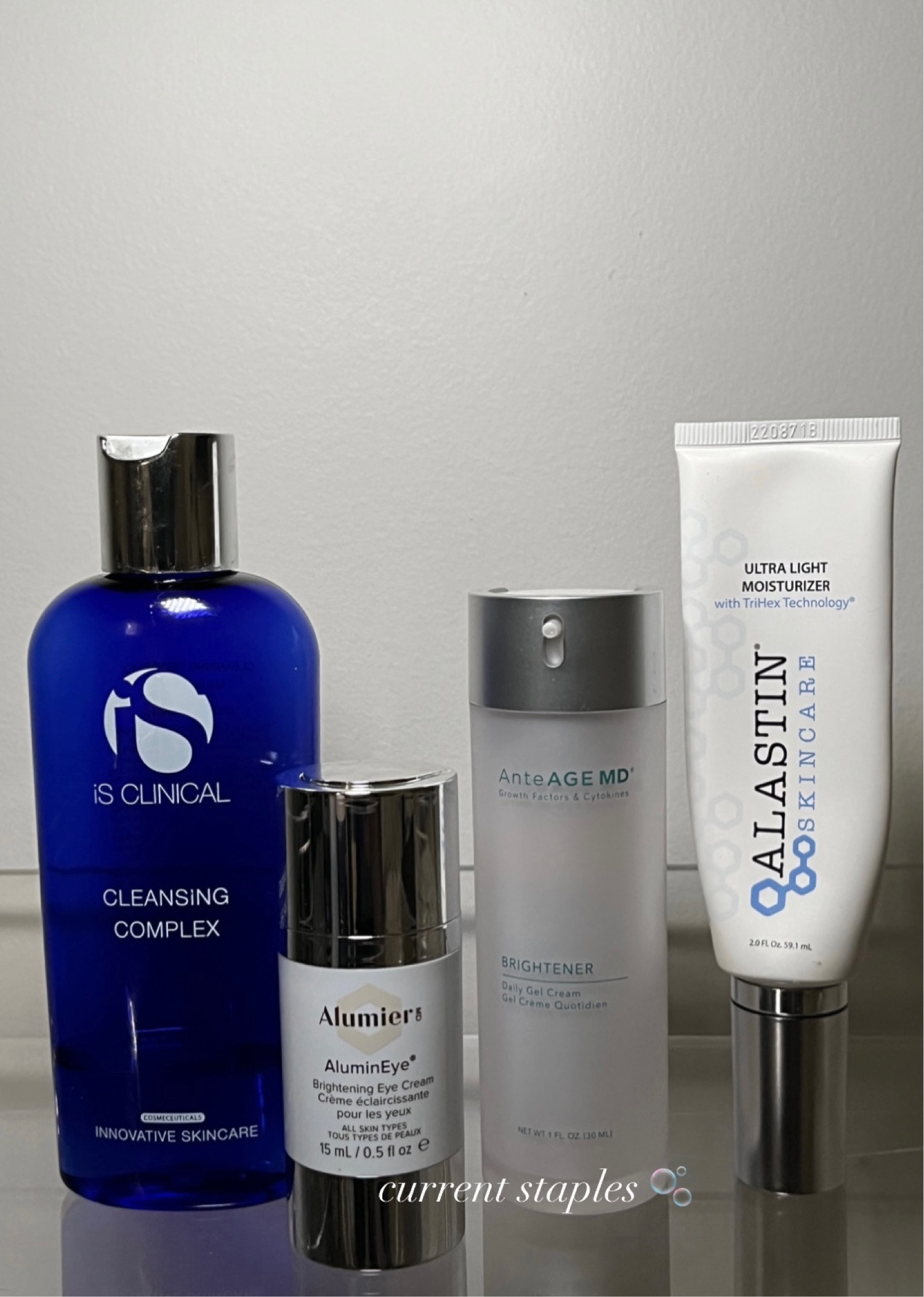My medial grade skincare staples! 
from left to right:
iS CLINICAL cleansing complex
Alumier alumineye
AnteAGE brightener 
Alastin ultra light moisturizer

#LTKbeauty #LTKunder50 #LTKunder100
