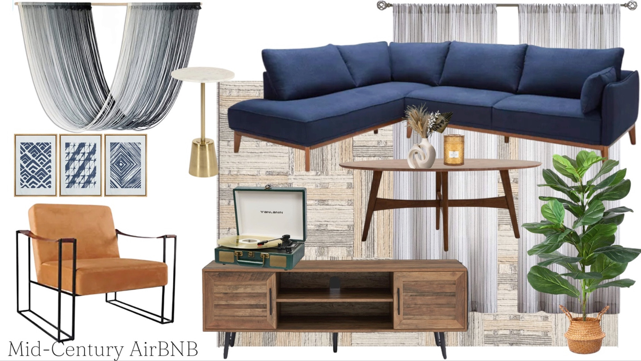 Mid-Century Bohemian Airbnb design.
Sectional, coffee table, rug, curtains, faux fiddle fig plant, media console, record player, drink table, modern art, bohemian wall decor, accent chair

#LTKFind #LTKstyletip #LTKhome