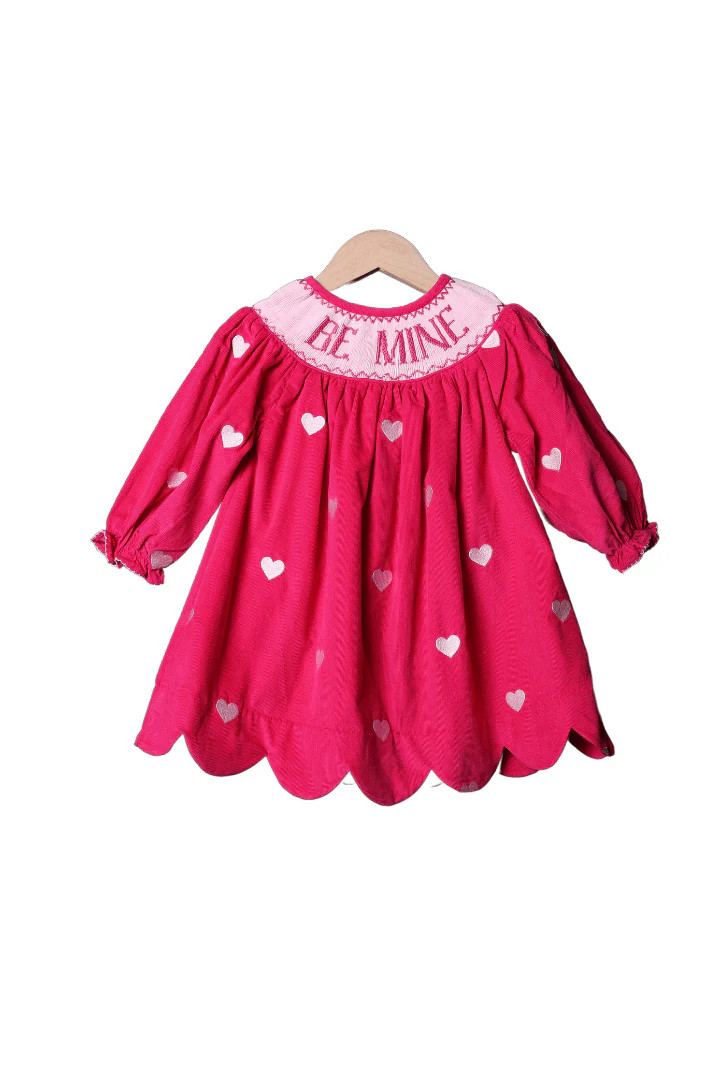 Smocked Be Mine Hot Pink Corduroy Embroidered Heart Dress | The Smocked Flamingo