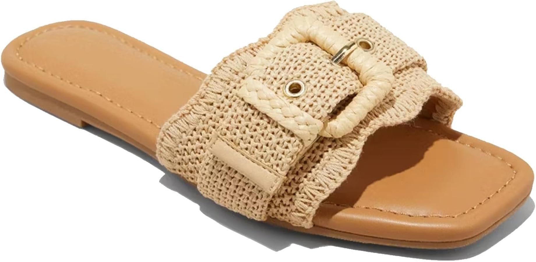 Raffia Flats Sandals for Women Buckle Straw Flats Woven Braided Rattan Slides Beach Comfort Summe... | Amazon (US)