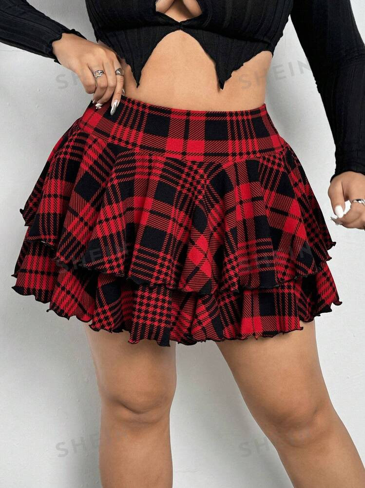 SHEIN ICON Plus Size Summer Fashion Plaid Ruffle Hem Layered Skirt | SHEIN