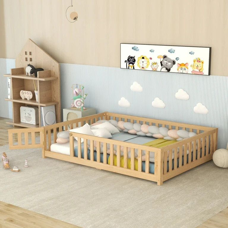 Bellemave Full Size Floor Bed Frame with Fence-Guardrails & Lookable Door,Montessori Floor Bed wi... | Walmart (US)
