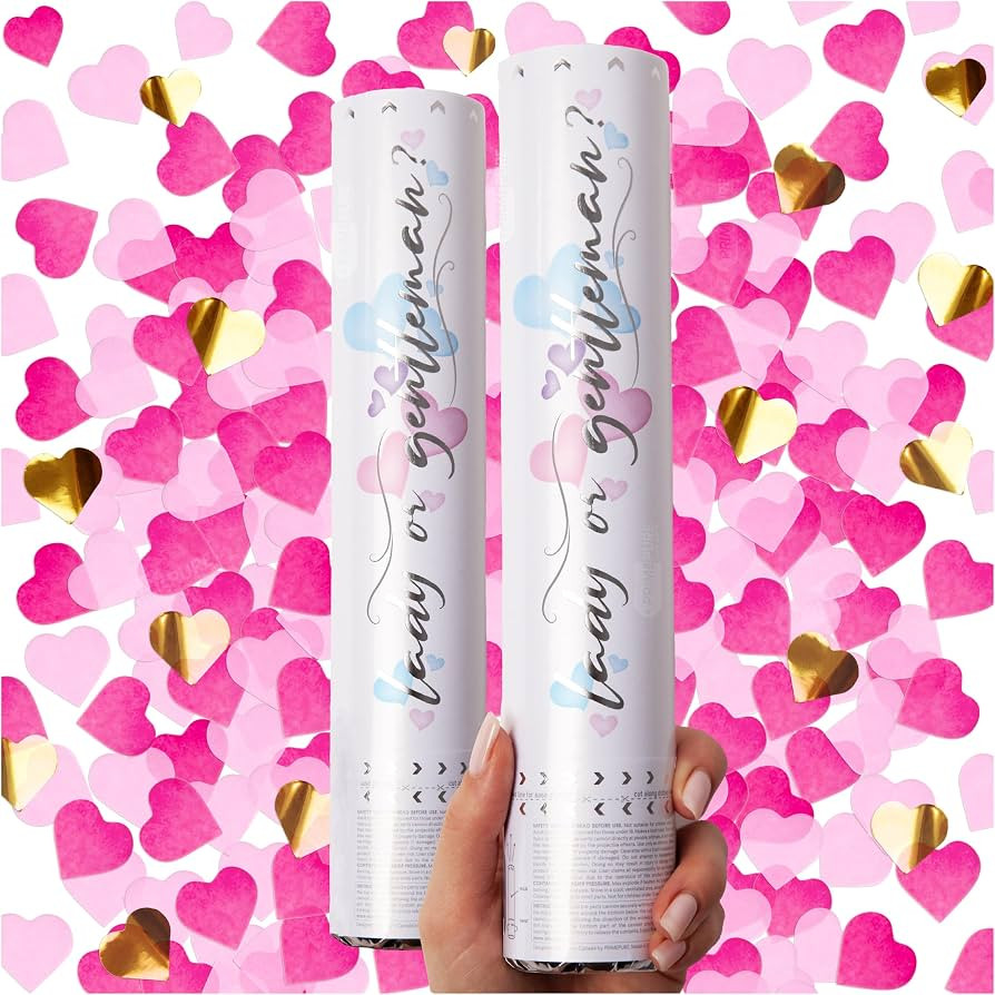 PrimePure Gender Reveal Confetti Cannon, Heart Shaped, Pink Paper, 2 Pack | Amazon (US)