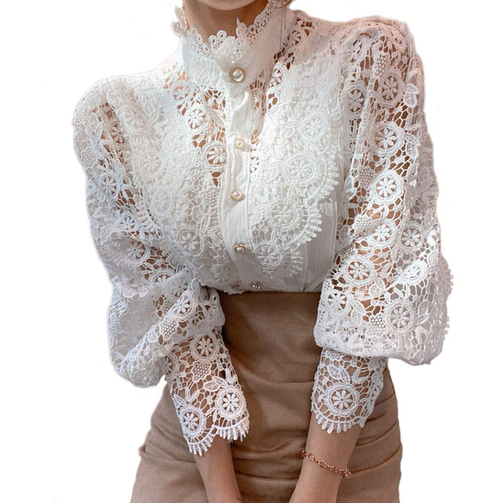 Women’s Elegant Lace Trim Shirts Casual Victorian Blouse Long Sleeve Button Down Tops | Amazon (US)