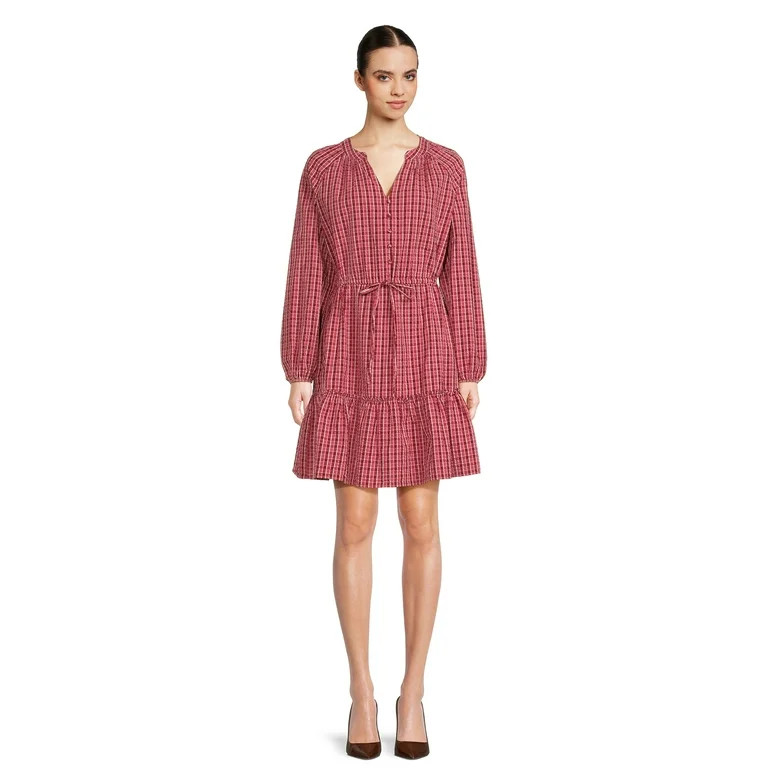 Time and Tru Women's Long Sleeve Micro Plaid Dress | Walmart (US)