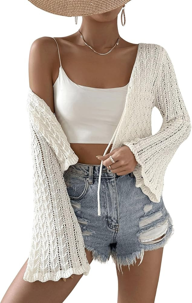 SOLY HUX Women's Tie Front Tops Bell Long Sleeve Knit Crochet Cardigan Crop Top | Amazon (US)