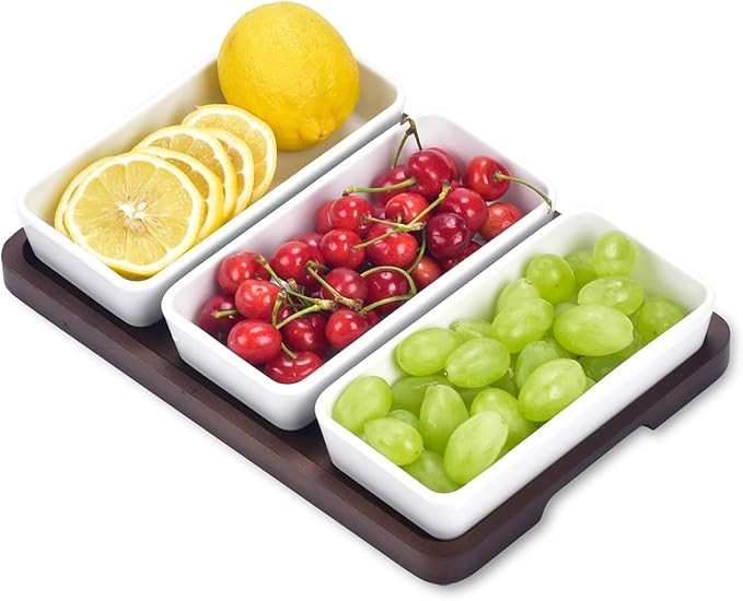 Creamic Snack Serving Tray 3 Pieces Long Strip Ceramic Bowls and A Brown Trays, Movable Moisture-... | Amazon (US)