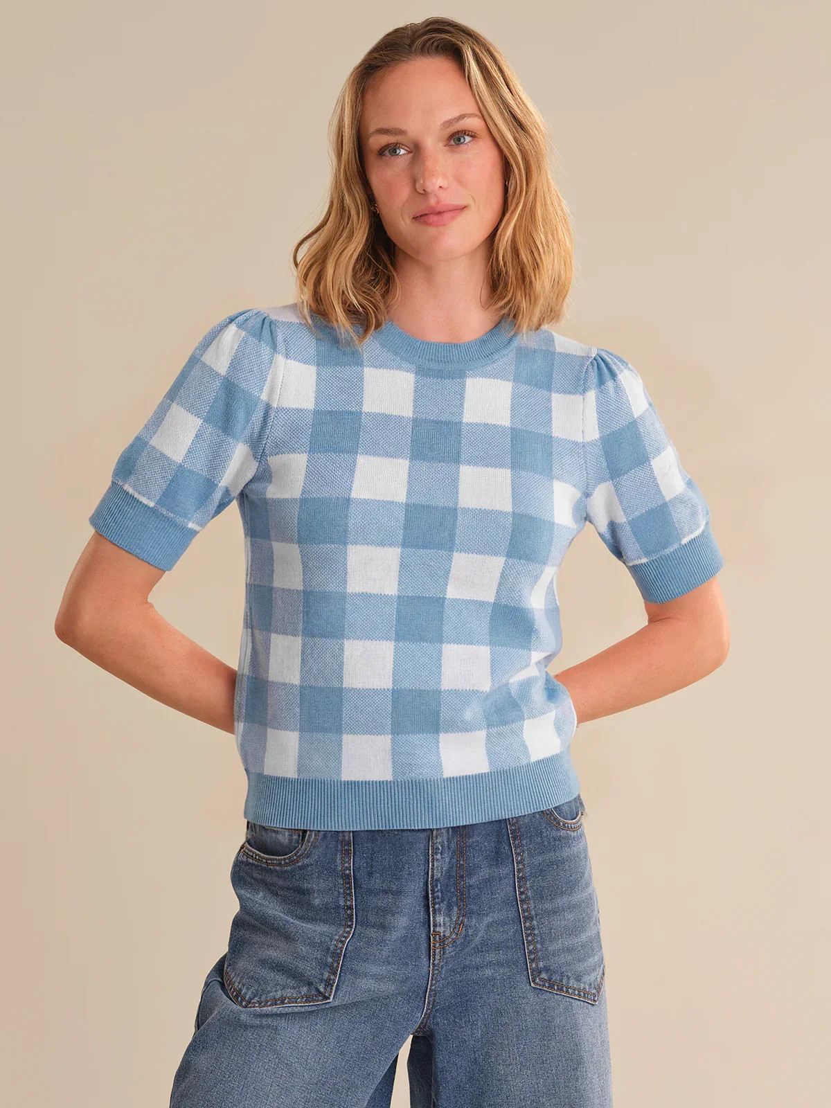 89th & Madison Gingham Puff Sleeve Knit Pullover | 89th + Madison