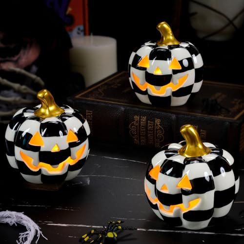 3Pack Ceramic Pumpkin with Tea Lights,Halloween Light up Pumpkins,Jack-O-Lantern Candle Holder,Black and White Pumpkins Tealight Holder for Halloween Indoor Tabletop Holiday Party Decorations | Amazon (US)