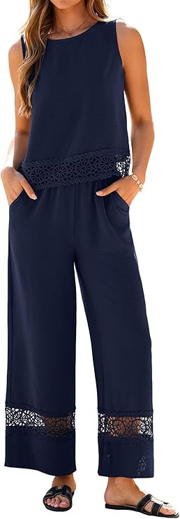 Glamaker Summer Pants Sets Womens 2 Piece Outfits Sleeveless Crop Top Round Neck Lace Wide Leg Be... | Amazon (US)