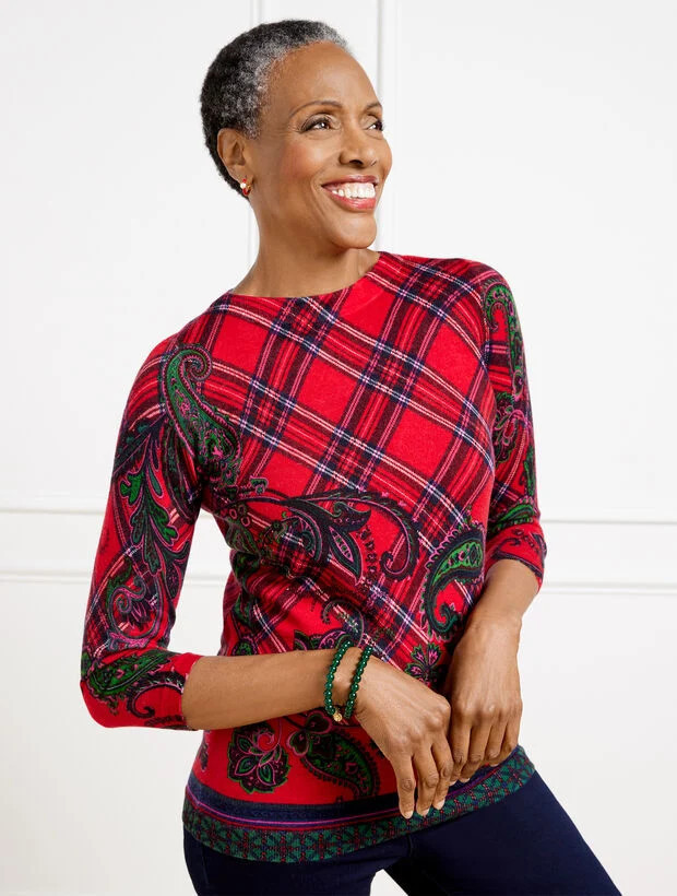 Paisley Plaid Merino Wool Crewneck Sweater | Talbots