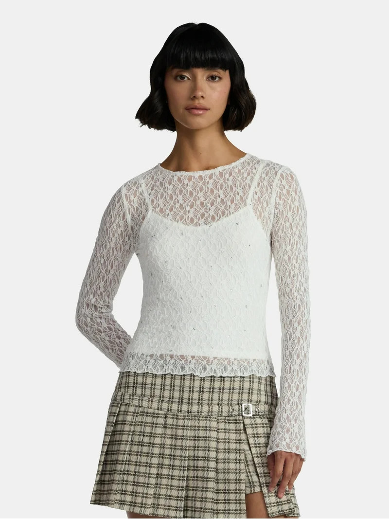 Madden NYC Women’s Lace Rhinestone Top with Long Sleeves, Sizes XXS-XXL | Walmart (US)