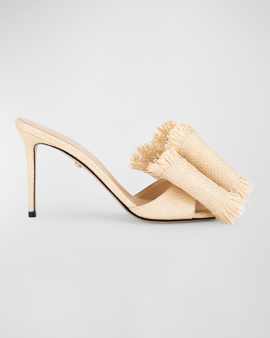 MACH & MACH Cadeau Raffia Bow Stiletto Mule Sandals | Neiman Marcus