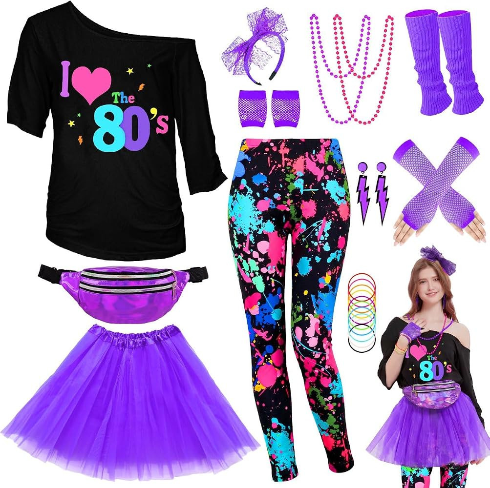 WlLDPARTY 80s Outfit Women Costume Accessories Set, T Shirt Leggings Tutu Skirt Fanny Pack Headba... | Amazon (US)