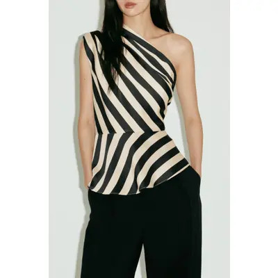 MANGO Stripe One-Shoulder Top in Ecru at Nordstrom, Size Large | Nordstrom