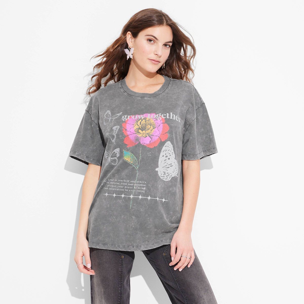 Women's Grow Together Butterfly Oversized Short Sleeve Graphic T-Shirt - Gray 3X | Target