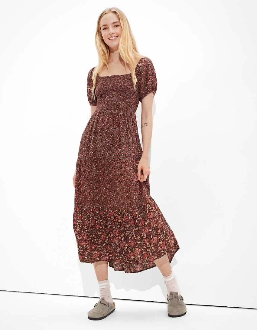 AE Smocked Puff-Sleeve Midi Dress | American Eagle Outfitters (US & CA)