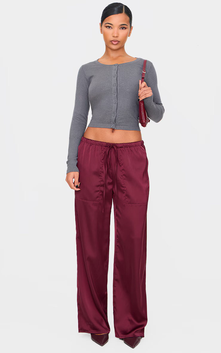 Burgundy Premium Satin Low Rise Drawstring Pants | Bottoms | PrettyLittleThing US