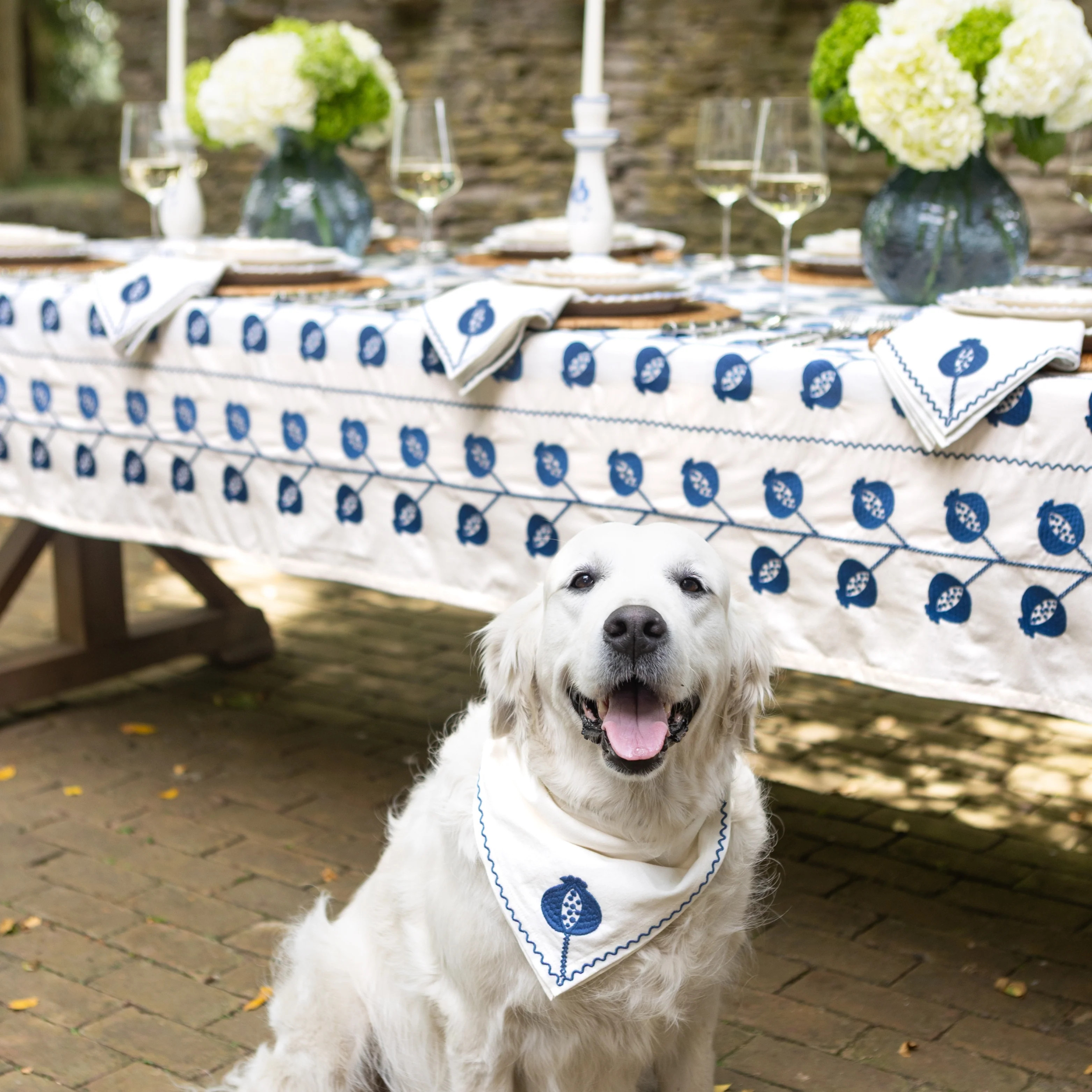 Pomegranate Crewel Blue Tablecloth | Pomegranate