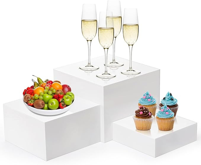 Hacaroa Set of 3 Acrylic Cube Riser Hollow Bottom, Glossy White Buffet Riser Food Display Stand, ... | Amazon (US)
