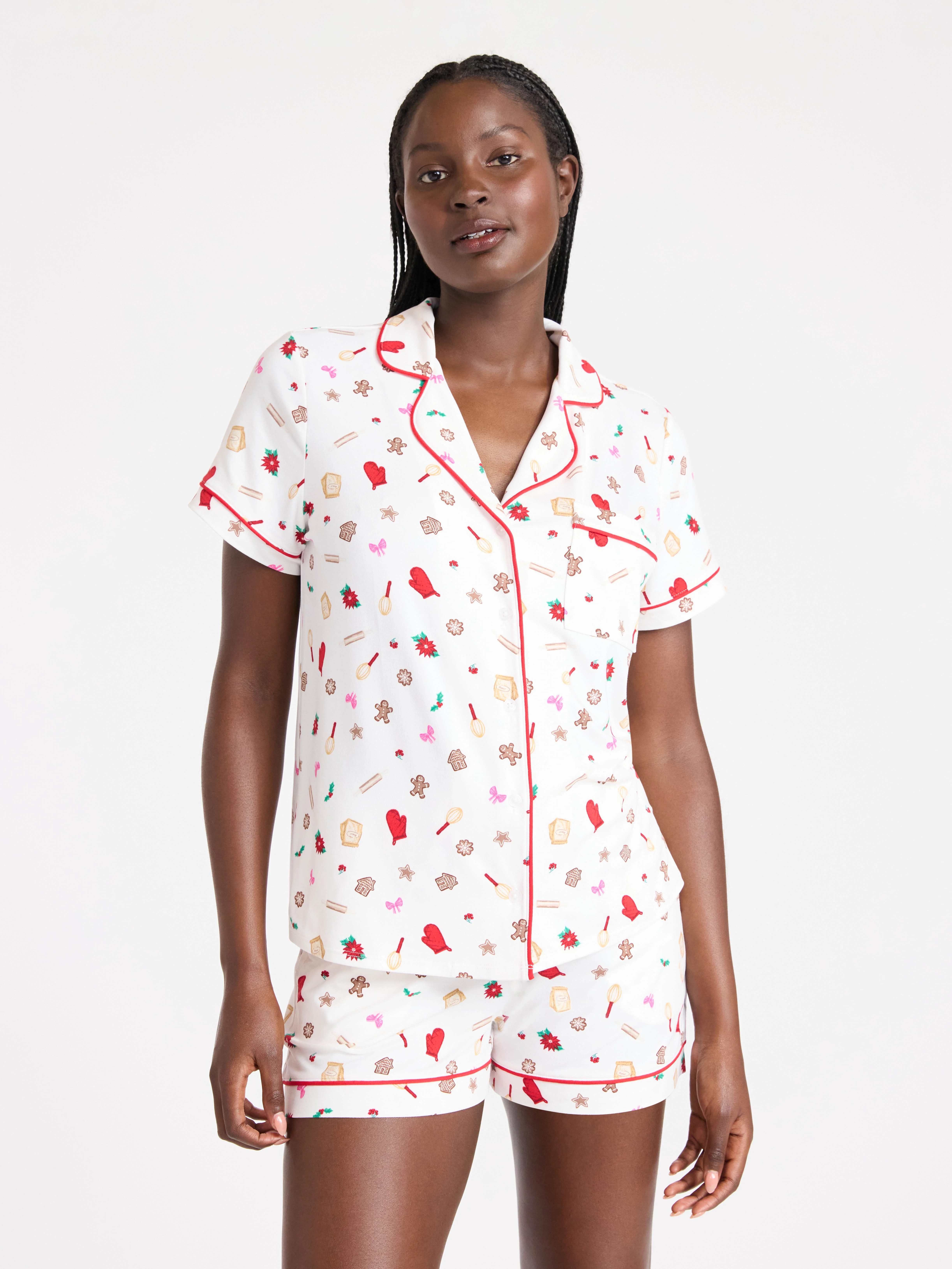 Joyspun Women’s Dreamy Soft Collection Notch Collar Knit Top and Boxer Shorts Pajama Set, Sizes... | Walmart (US)