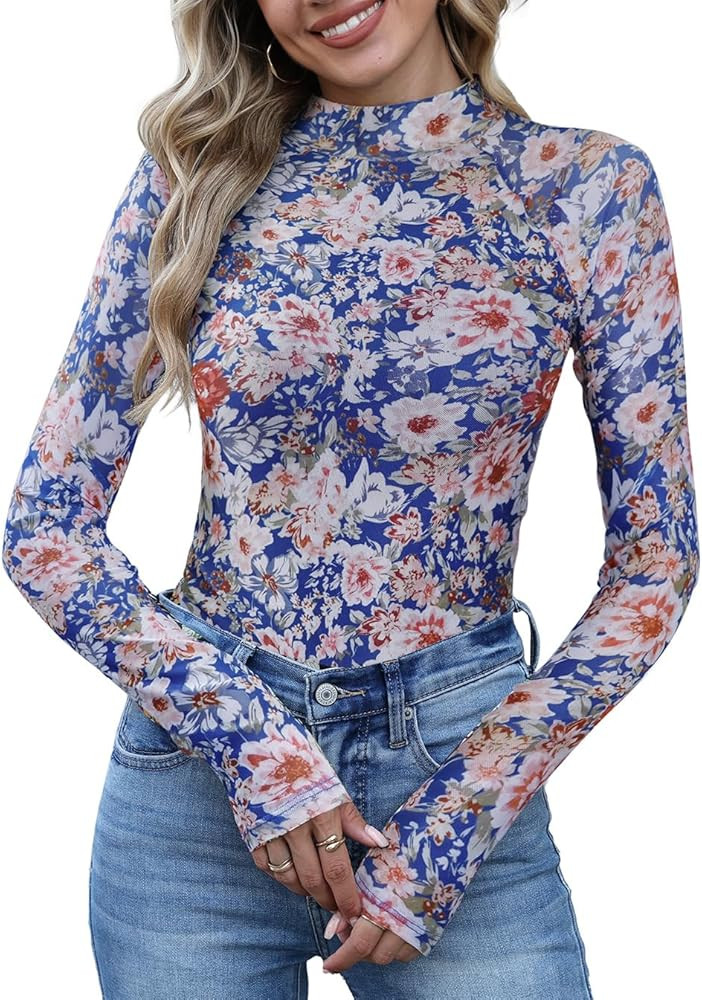 Women Dressy Mock Turtleneck Floral Mesh Long Sleeve Going Out Thong Bodysuits Tops Fall Fashion ... | Amazon (US)
