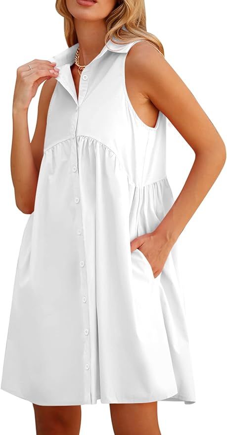 DEEP SELF Women Summer Collared Shirt Dress Casual Loose Button Down Short Dress V Neck Tunic Min... | Amazon (US)