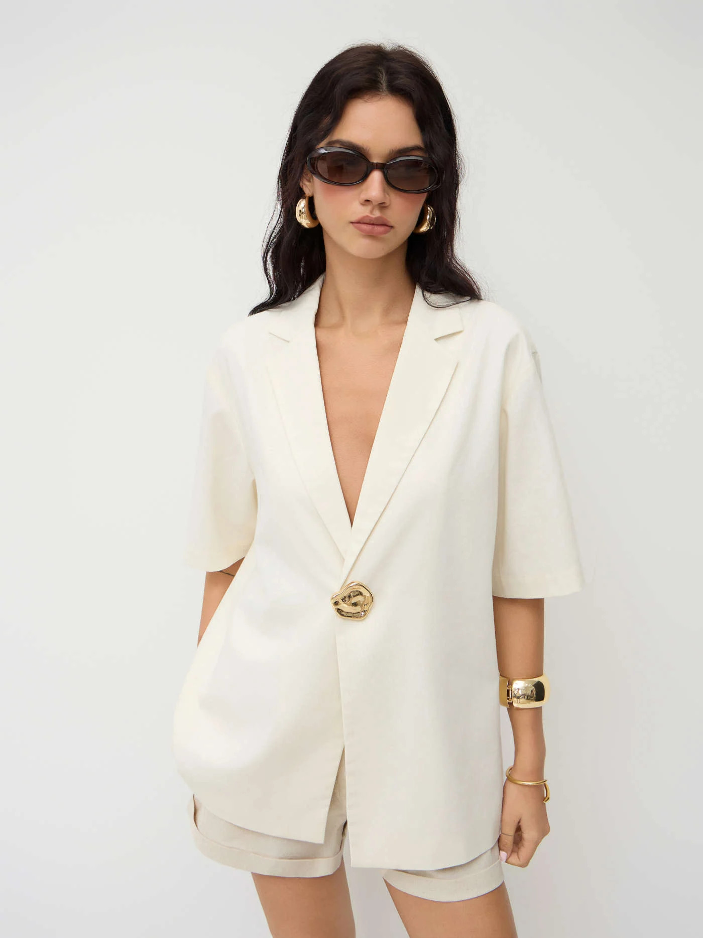 Linen-blend Linen-blend Collar Metal Button Oversized Blazer For Work | Cider
