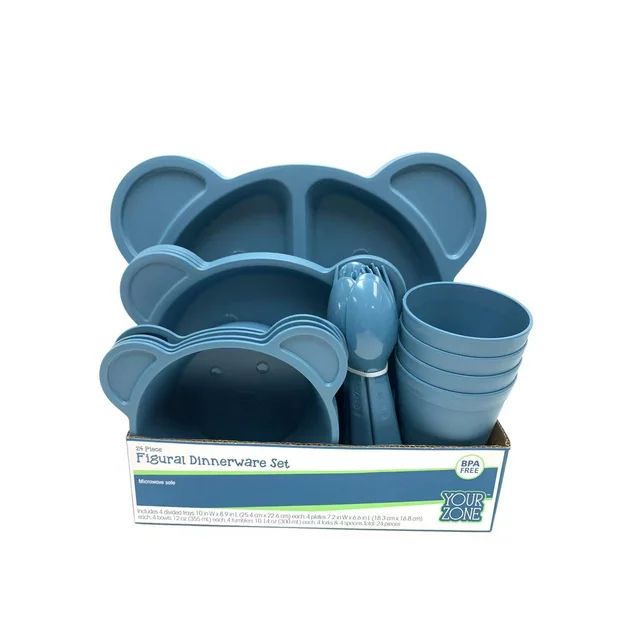 Your Zone 24 Piece Plastic Dinnerware Set for Kids, Bear Shape, with 4 each Divided Trays, Bowls,... | Walmart (US)