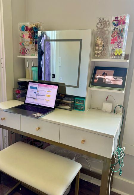 Ignore the mess, but I am obsessed with my new vanity! Still working to arrange everything, but love the storage, shelving and light up mirror. It’s easy to assemble and also comes with the sturdy seat. Shop my exact one here! 

#LTKBeauty #LTKHome