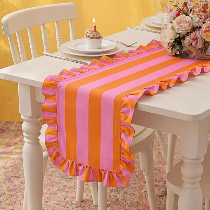 HunnmingRe Ruffle Edge Striped Table Runner, 118x15.7 Inch, Pink Orange | Amazon (US)