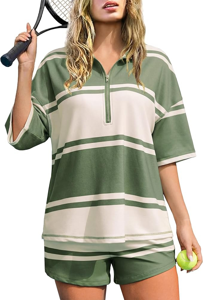 Totatuit Striped Short Sets for Women 2 Piece Outfits Summer Tracksuit Oversized Workout Travel L... | Amazon (US)