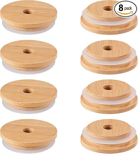 DOITOOL 8Pcs Bamboo Jar Lids with Straw Hole, Reusable Bamboo Lids for Beer Can Glass, 70mm Bambo... | Amazon (US)