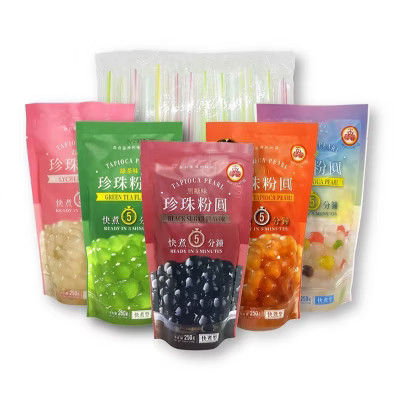 Bundle Pack WuFuYuan Boba Tapioca Pearls 5 Variety Pack (Black Sugar, Color, Green Tea, Golden, and Lychee) 8.8 Oz Ea with 50 Boba Straws | Target