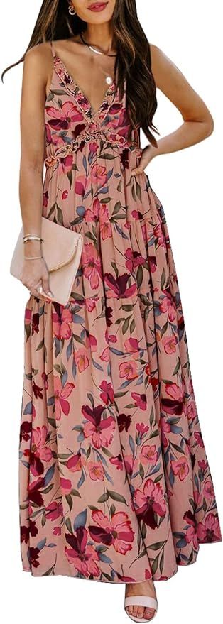 BLENCOT Women's Casual Boho Floral Printed Deep V Neck Loose Sleeveless Long Evening Dress | Amazon (US)