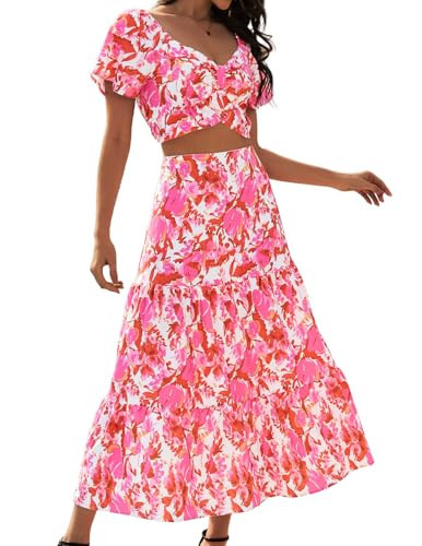 DRESSTELLS Women's 2 Piece Skirts Set, Floral Outfit Suit, 2025 Top & Long Skirt, Casual Boho Summer Beach Dress Red Floral 2XL | Amazon (US)
